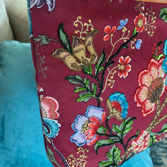 Vintage Isabella Fiore Floral Sequin Beaded Handbag Tote Flowers - Picture 5 of 14